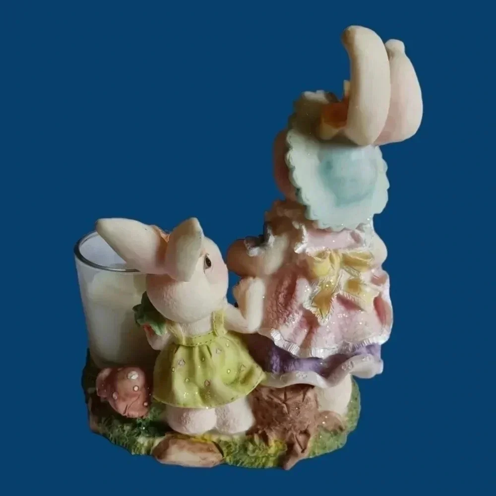 Vtg Cottage charms  ceramic dressed bunnies candle holder